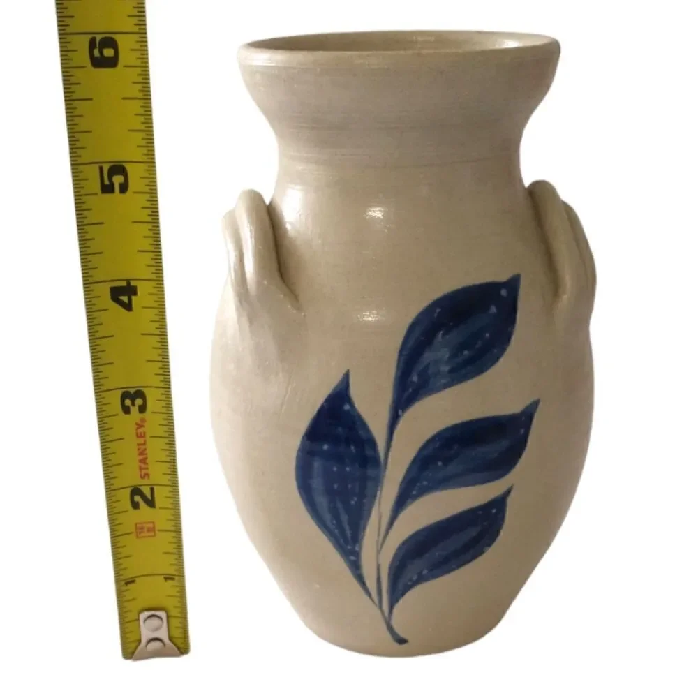 Williamsburg Pottery‎ Vase Two Handled  Blue Leaf Design Spring Summer Flowers.